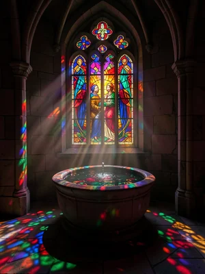 A baptismal font illuminated by stained glass light, the water surface reflectin
