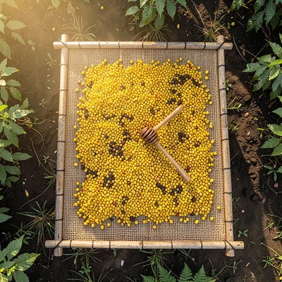 Yellow Coffee Cherries on Raised Drying Bed Overhead View