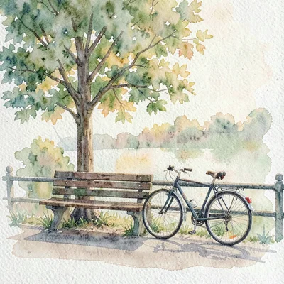 Watercolor wash of a park bench under a young tree, a single bicycle leaning at
