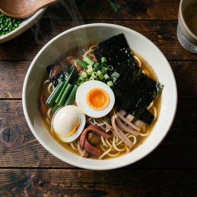 Steaming ramen bowl with soft-boiled egg, nori, and scallions on a dark wooden t