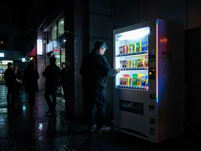 Office worker at vending machine while coworkers party behind, the antisocial sn