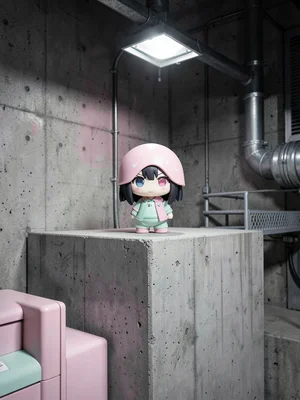 Chibi anime figurine on rooftop HVAC unit, industrial equipment background, past