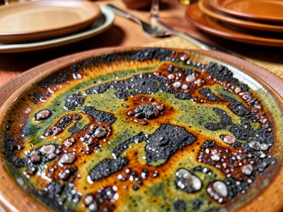 Set of pottery plates in autumn earth tones, thanksgiving table ready