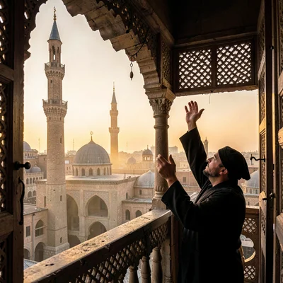 Islamic Cairo geometry, medieval city light, muezzin calling from balcony, hand 