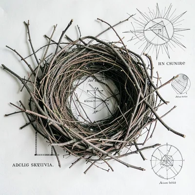Abandoned bird nest dissected and arranged, every twig and thread sun-printed as
