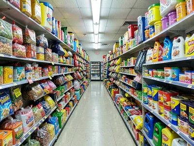 Aisle stretching to infinity under fluorescent lights, packed floor to ceiling, 