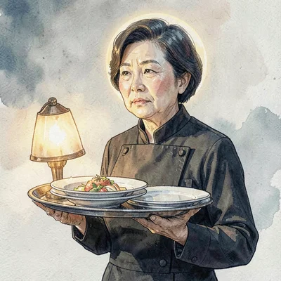 A determined Korean head waiter in her forties carrying a wide tray of plates, l