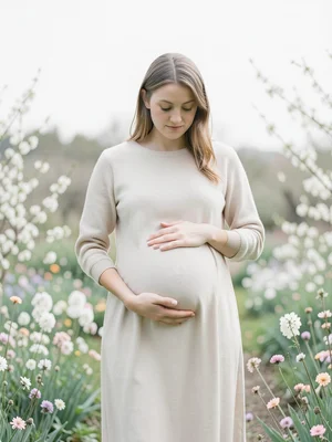 Pregnant woman in garden, hands on belly, spring flowers around, serene