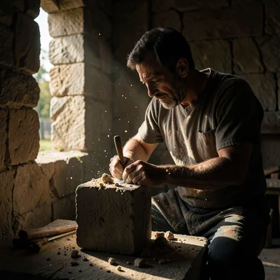 Dramatic natural light streaming through stone openings, deep chiaroscuro shadow