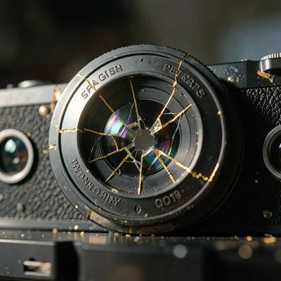 Shattered camera lens with gold-filled fracture lines, light refracting through 