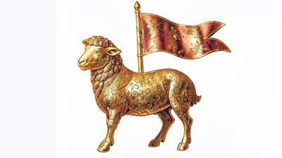 Gold leaf illuminated illustration, lamb with flag , burnished gold leaf areas, 