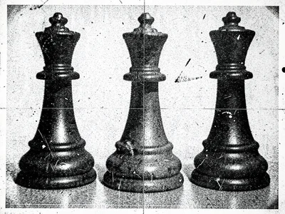 Three chess pieces casting shadows that form a completely different image