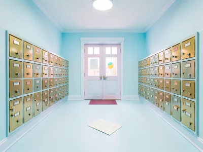 Post office interior in powder blue, rows of identical brass mailboxes, one lett