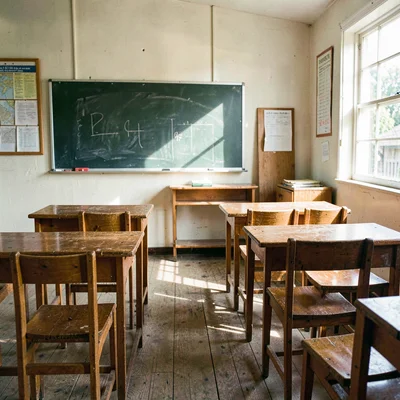 inside a small village schoolhouse classroom at clear morning, paired pine desks