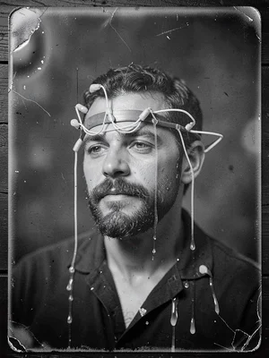 Neural interface prototype headband, electrodes visible, 1860s photographic alch