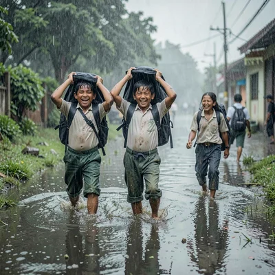 Monsoon season photograph, heavy rain atmosphere, Schoolchildren wading through 