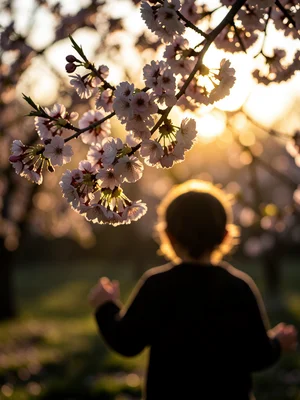 Child's silhouette containing cherry blossom branch in full bloom, double exposu
