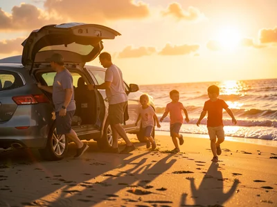 Family unloading car at beach, golden light turning them into gods, kids running