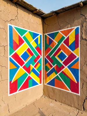 Corner of a painted mud building — two walls meeting, bold geometric pattern on 