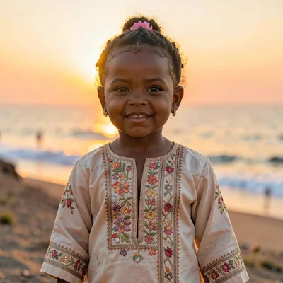 Peachy golden Dakar sunset light through sea haze, Child in embroidered kaftan f