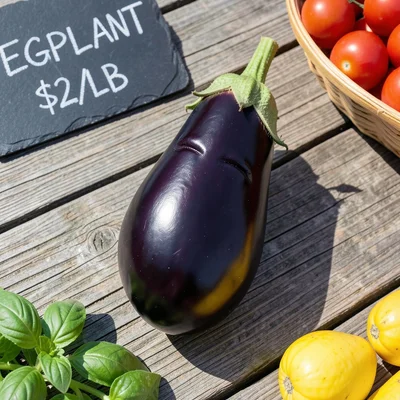 > A single Italian eggplant photographed on a rough oak farmer's-market table at late-summer Saturday morning, full sun 