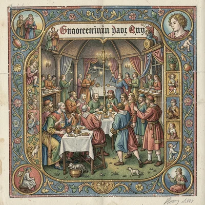 A medieval feast with musicians and dancers