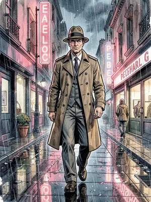 Noir detective in rain