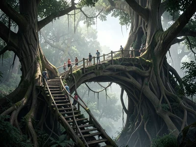Bridge that is actually a fallen giant tree, carved with staircases, people cros