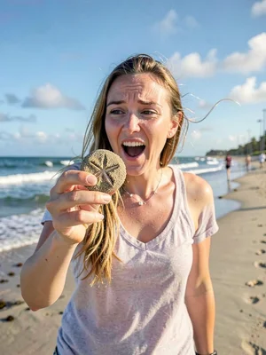 Beach walker discovering perfect sand dollar, holding it up to examine