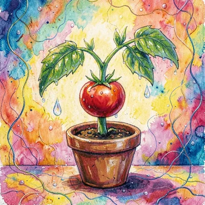 Whimsical painterly portrait of a tomato plant character growing in a tiny clay