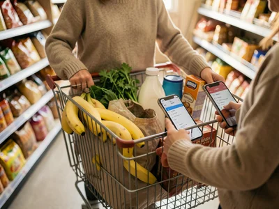 A shopping cart in a grocery store aisle seen from slightly above and behind, th