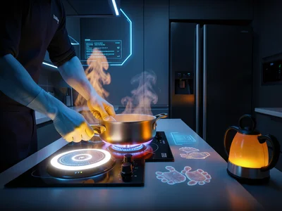 A thermal camera view of a kitchen during cooking — the stove burners as white-h