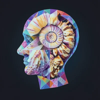 Ear silhouette filled with seashell spiral interior, fibonacci, double exposure