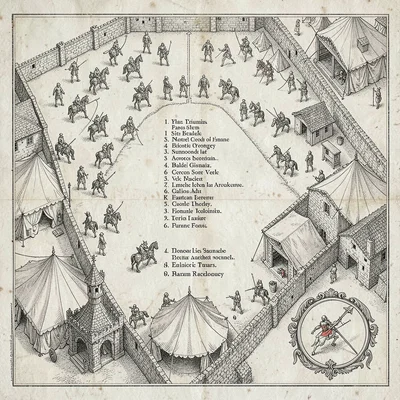 A medieval town tournament-grounds plan with jousting list, archery butts, knigh