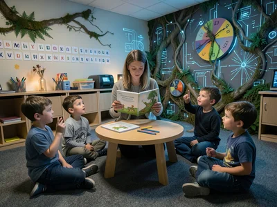 An elementary school teacher sitting in a tiny chair at a kidney-shaped reading 
