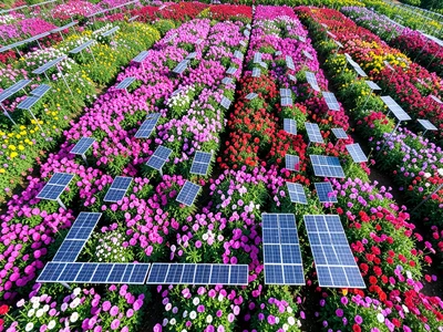 Solar panel field that is actually enormous flower garden from above, petal arra