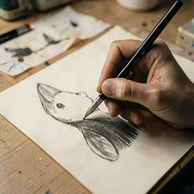 Quiet portrait of an artist's hand drawing fine charcoal lines on cream paper