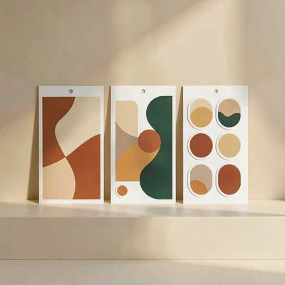 A sticker-sheet retail-display mockup with three sticker-sheet booklets standing