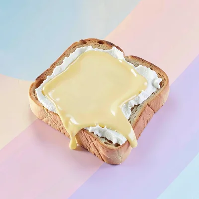 Buttered peach lowpoly slice of toast with butter-yellow melt patch and cream cr
