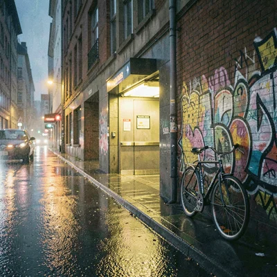 Rain-slick Kreuzberg street at 4am, U-bahn entrance glowing yellow, lone bicycle
