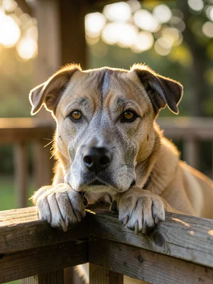 Senior dog with grey muzzle resting chin on a wooden porch railing, wise express