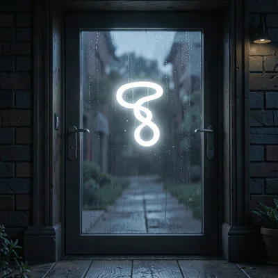 Nocturnal crop of a doorway with a soft-glow signshape (no text) and condensatio