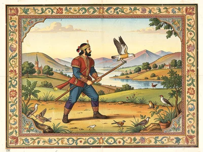Falconer releasing a bird in a hunting ground, distant hills and a river behind