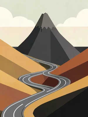 Volcanic switchback road wraps a charcoal cone under a cream midday sky, ochre l
