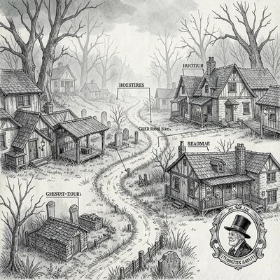 A regional ghost-tour map of a foggy old town with named haunted sites connected