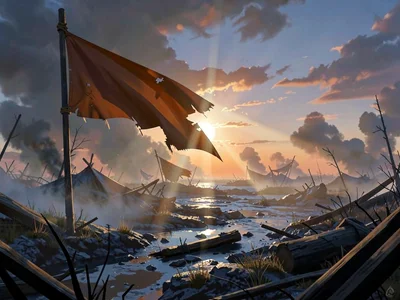 Wide battlefield aftermath at dusk with a single sun shaft slicing through battl