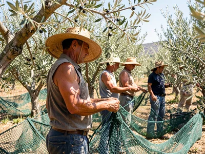 Olive harvesters working at midday because the work won't wait, their faces hidd