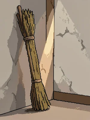 Old broom leaning against a wall of pale clay with a sliver of warm light enteri