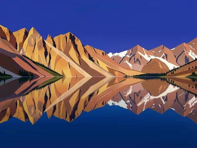 Mirror surface of a high lake doubles a copper-and-ochre mountain wall under a d