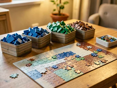 Color sorting piles, all blues together, all greens, all earth tones, the organi